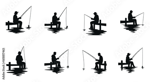 Set of distinct black silhouettes of anglers sitting on wooden docks fishing with rods and casting lines into the water silhouette