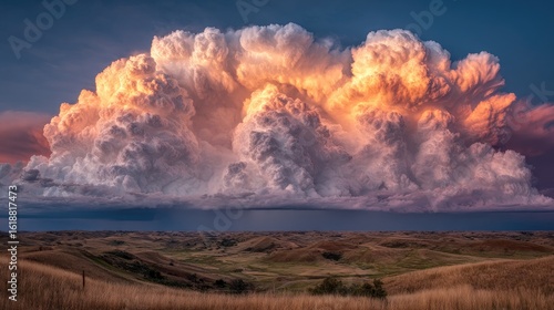 Massive sunset storm cloud over prairie