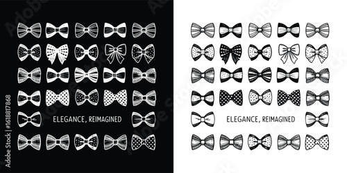 A collection of various bow tie designs in a graphic illustration style