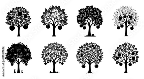 Set of distinct fruit bearing trees rendered in a detailed black silhouette style against a clean white background