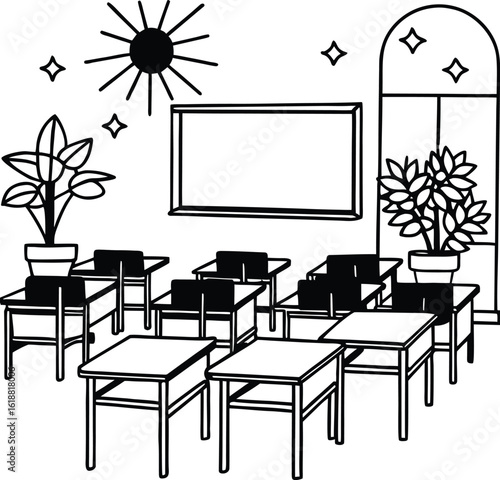 classroom with empty desks plants and sun
