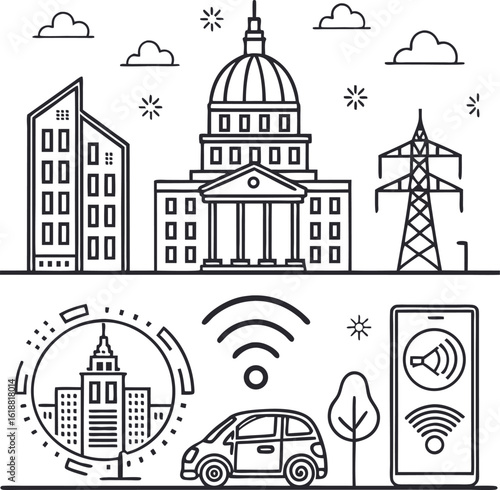 Smart City Concept Illustration: A monochromatic illustration depicts the essence of a smart city, showcasing interconnected infrastructure, including buildings, power lines, and smart communication.