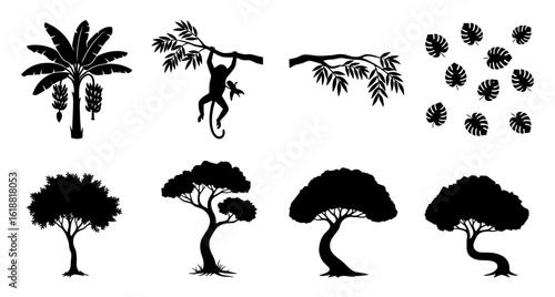 Various tropical tree silhouettes and monkey hanging on branch with palm tree and leaves silhouette