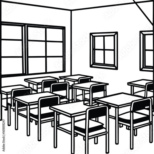 classroom with empty desks large windows and sun