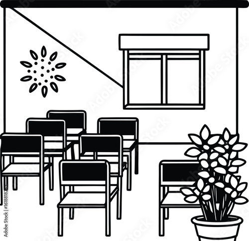 classroom with empty desks plants and sunlight