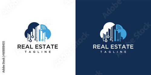 Cloud logo design with digital technology building