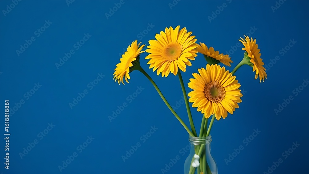 Fototapeta premium Vibrant yellow gerbera flowers in a simple vase, creating a striking contrast against a deep blue backdrop.