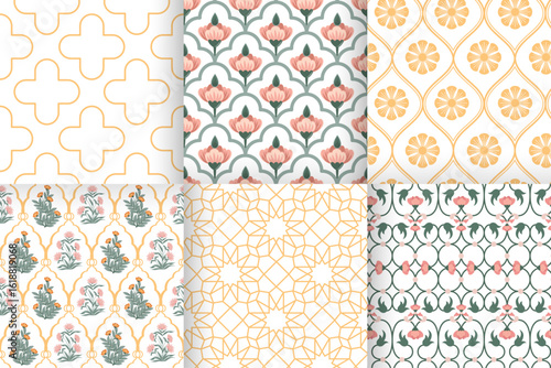 Elegant Seamless Pattern Set with Indian Pichwai and Mughal Floral and Geometric Motifs