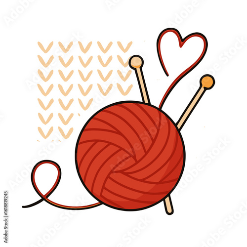 Yarn ball with knitting needles and heart  vector illustration, cozy handmade concept