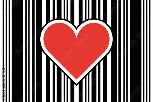 Red heart over black and white barcode a symbol of unique love in a digital world expressing individuality and connection
