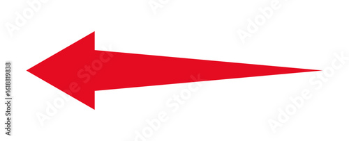 Bold red arrow pointing to the left, representing backward direction, return, navigation, previous step, reversal, guidance, and movement in user interface and graphic design
