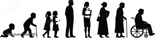 Human life cycle progression silhouettes from infancy to old age, depicting growth, development, and aging stages, ideal for medical, social, and educational concepts.