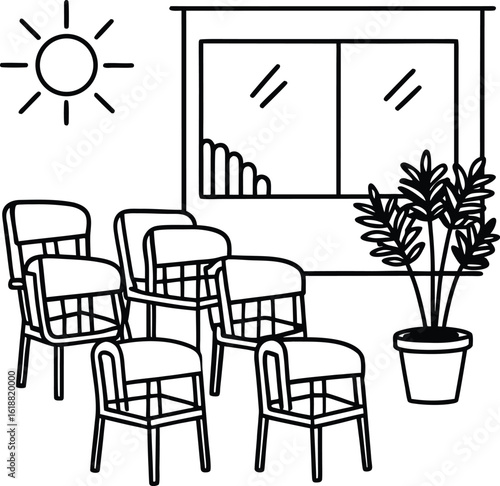 classroom with plants colorful chairs and sunlight