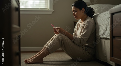 Anxious woman sitting alone on the floor in a dim bedroom, contemplating the results of a home pregnancy test.