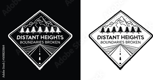 Distant Heights diamond badge with mountain range, pine forest, and open road under Boundaries Broken adventure slogan