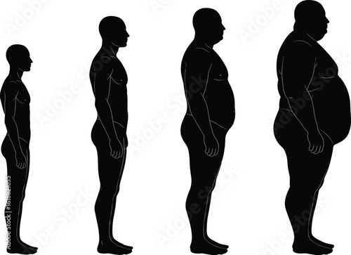 Human body mass index (BMI) progression, illustrating healthy, overweight, and obese stages, a visual representation of weight gain and health transformation for medical and educational purposes.