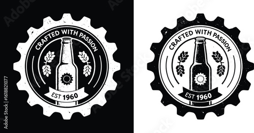Crafted With Passion Est 1960 beer bottle logo with hop leaves and gear-edge vintage stamp for retro brewery branding design