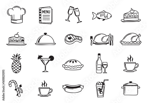 Collection of hand drawn food and drinks icons including main dishes desserts beverages and culinary elements