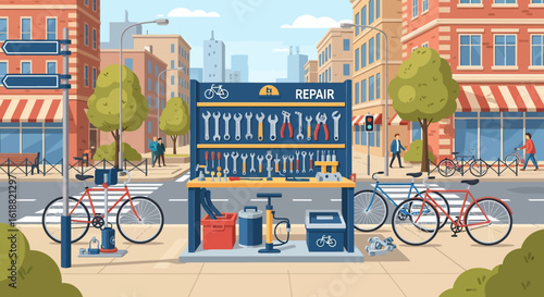Bicycle repair station with tools and equipment on a city street
