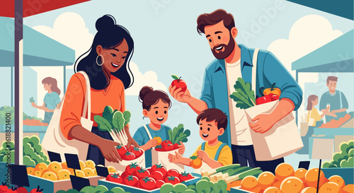 Cheerful Family Selecting Fresh Produce at a Vibrant Farmers Market Scene.