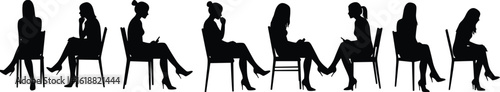 Set of business woman silhouettes, people sitting on chairs in various poses, a collection for interviews, meetings, or waiting.