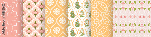 Elegant Seamless Pattern Set with Indian Pichwai and Mughal Floral and Geometric Motifs in Soft Coral and Gold