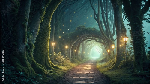 Wander through a magical forest path illuminated by glowing lamps and whimsical fireflies tonight