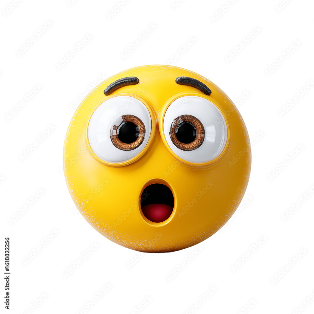 Fototapeta premium 3D cartoon emoji face, surprised expression, big round eyes and open mouth, transparent background, no shadow 