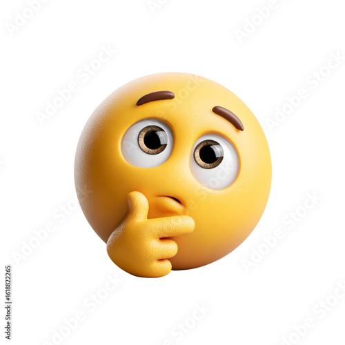 3D cartoon thinking emoji face, one eyebrow up, hand on chin, transparent  background, no shadow, PNG look