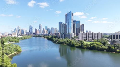 Morning view of Austin downtown skyline above the Colorado river. 