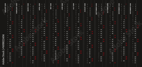 Vertical calendar 2026 on black background, Saturday and Sunday selected in different row.