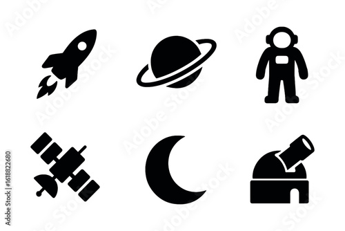 Space icon set: rocket, planet, astronaut, satellite, moon, observatory