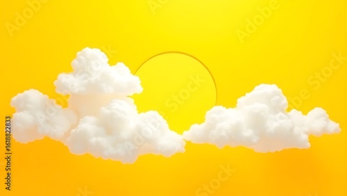 Abstract composition of sunny yellow background with white clouds and a blue circular element, minimalist and geometric.