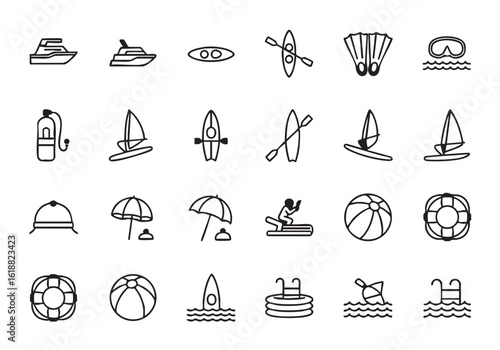 Collection of Summer Vacation and Water Activity Icons Perfect for Beach Getaways and Tropical Adventures in a Minimalist Style