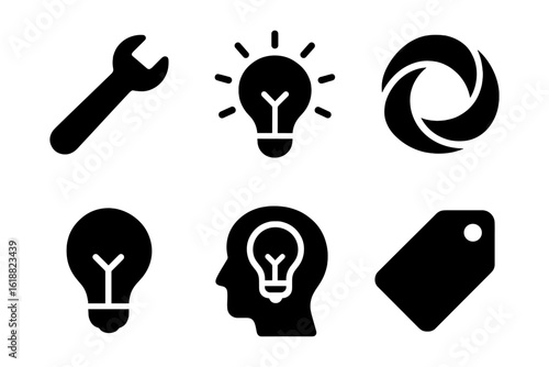 Essential black icon set: tools, light bulbs, head, and tags
