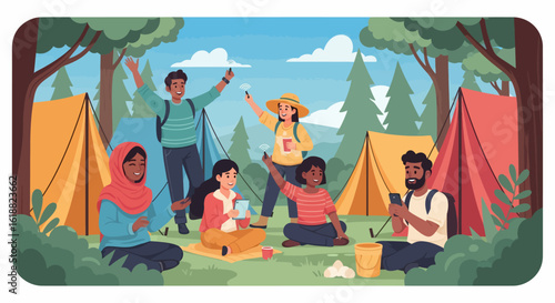 Diverse group of campers using smartphones in a forest campsite with tents
