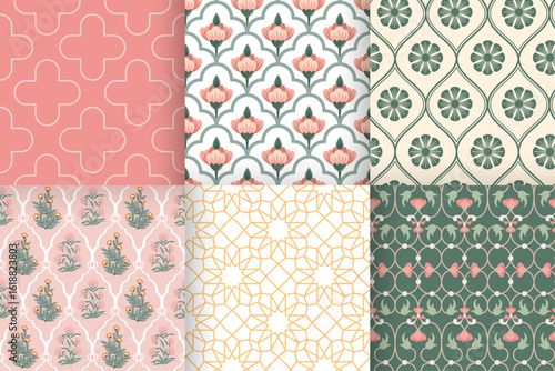 Elegant Seamless Pattern Set with Indian Pichwai and Mughal Floral, Geometric, and Arched Motifs