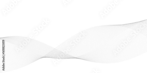 Abstract halftone flowing wavy white and gray gradient dots shape isolated on transparent background. Digital future technology concept. Design for web design, music, cover, technology, science, data	