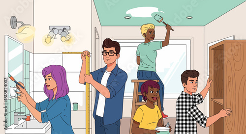 Diverse Group of People Renovating a Home with Various Tasks