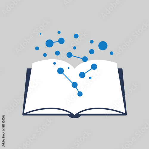 Open book with white pages and blue molecular structures floating above, symbolizing knowledge and learning.