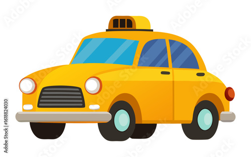 Cartoon Illustration of a Classic Yellow Taxi Cab in Vector Style – Retro Urban Transportation Clipart for Posters, Stickers, T-Shirts, and Digital Artwork