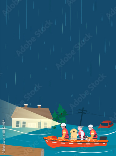 Flood background vector illustration. Flood rescue teams helping elderly person and pets from floodwaters at night.