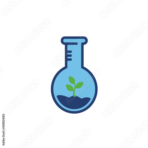 A light blue laboratory flask with a small green plant growing from dark soil inside, set against a white background.