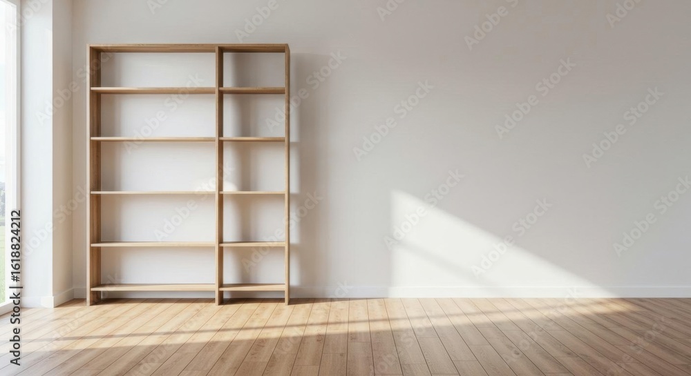 Fototapeta premium Wooden Bookshelf Against White Wall with Sunlight and Wooden Floor in Modern Room