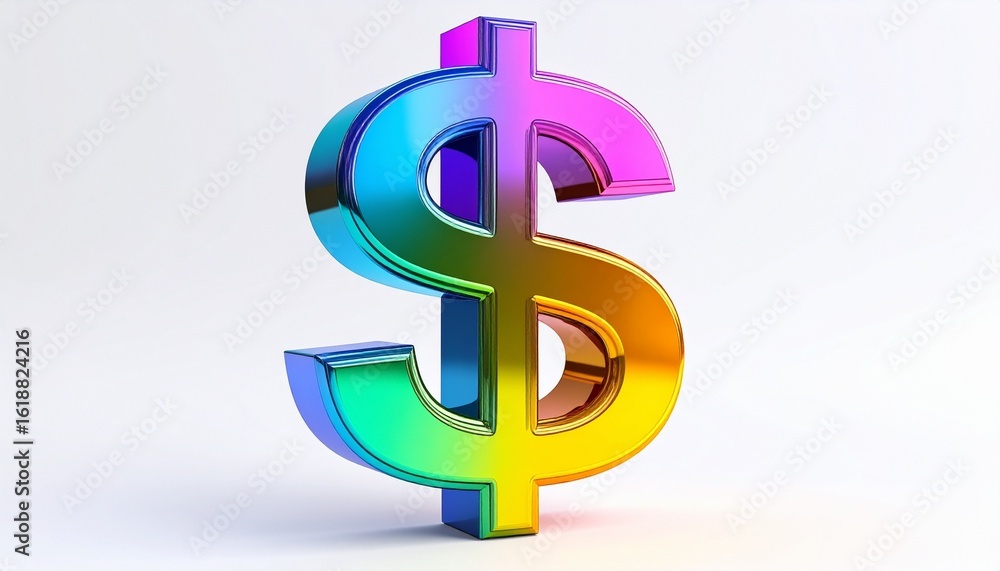 Fototapeta premium Glossy 3D dollar sign floating on white background, vivid rainbow gradient with metallic finish, modern financial symbol
