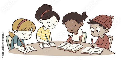 Multicultural children learning and writing