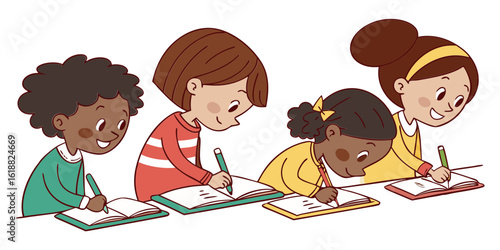 Children collaborating on homework illustration
