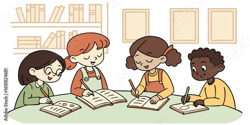 Children doing homework with pencils