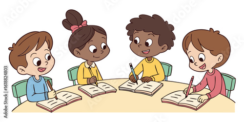 Four kids engaged in academic work
