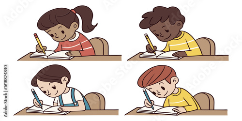 Young students writing in classroom illustration